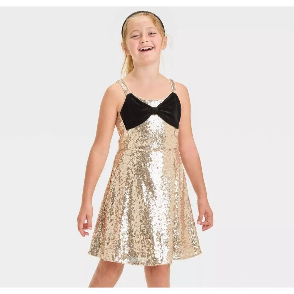 Girls' Sleeveless Gold Sequin Skater Velvet Bow Dress - Cat & Jack Size M - 8